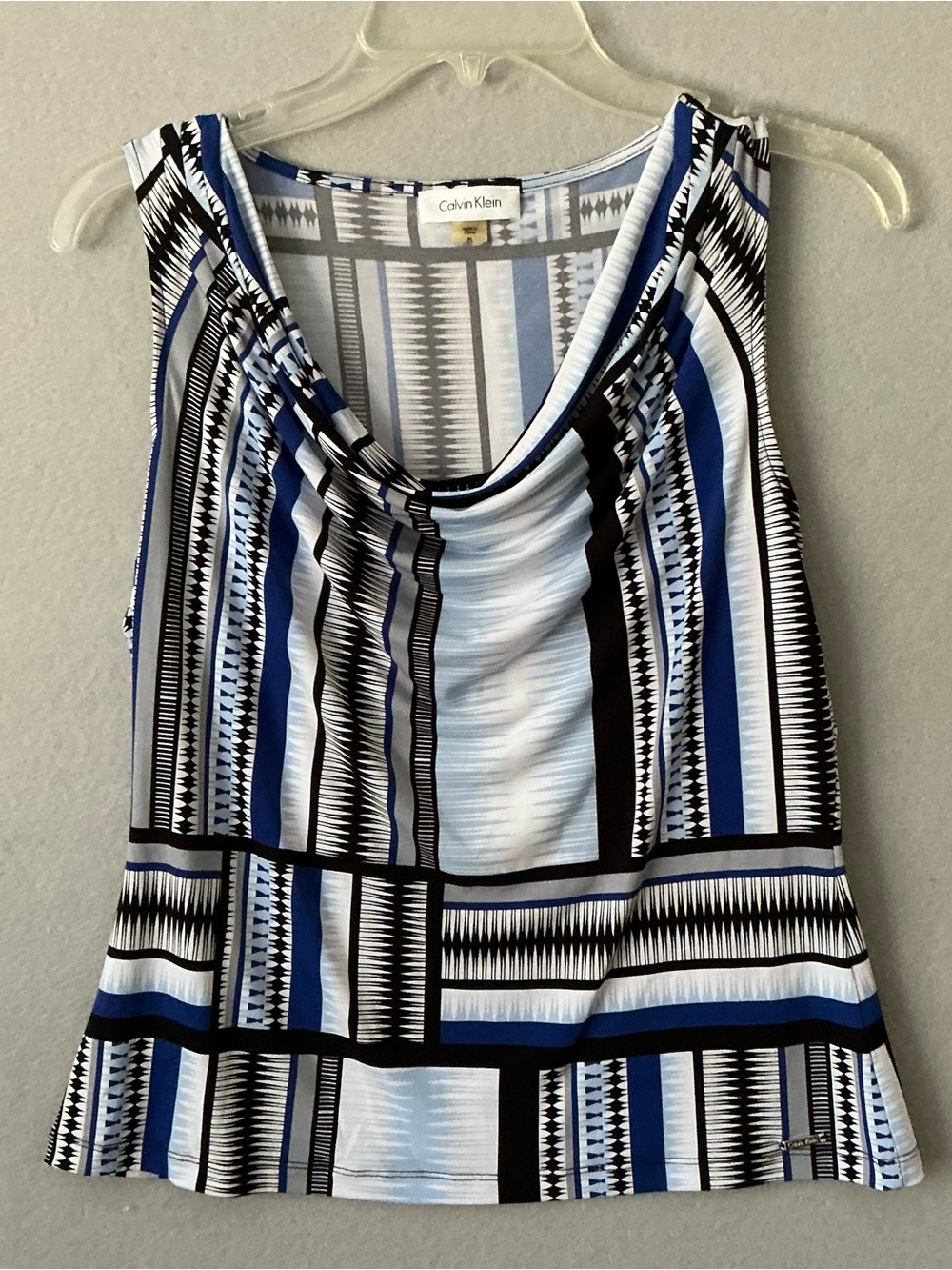 Calvin Klein Petite Large PL Cowl Neck Top Blue Geometric Tribal Print Shell Mod